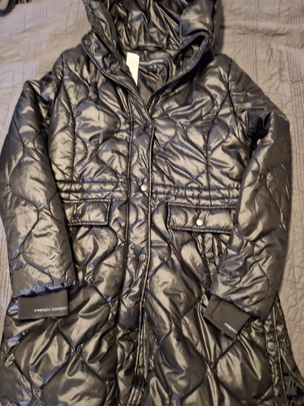 French Connection Black Quilted Hooded Coat